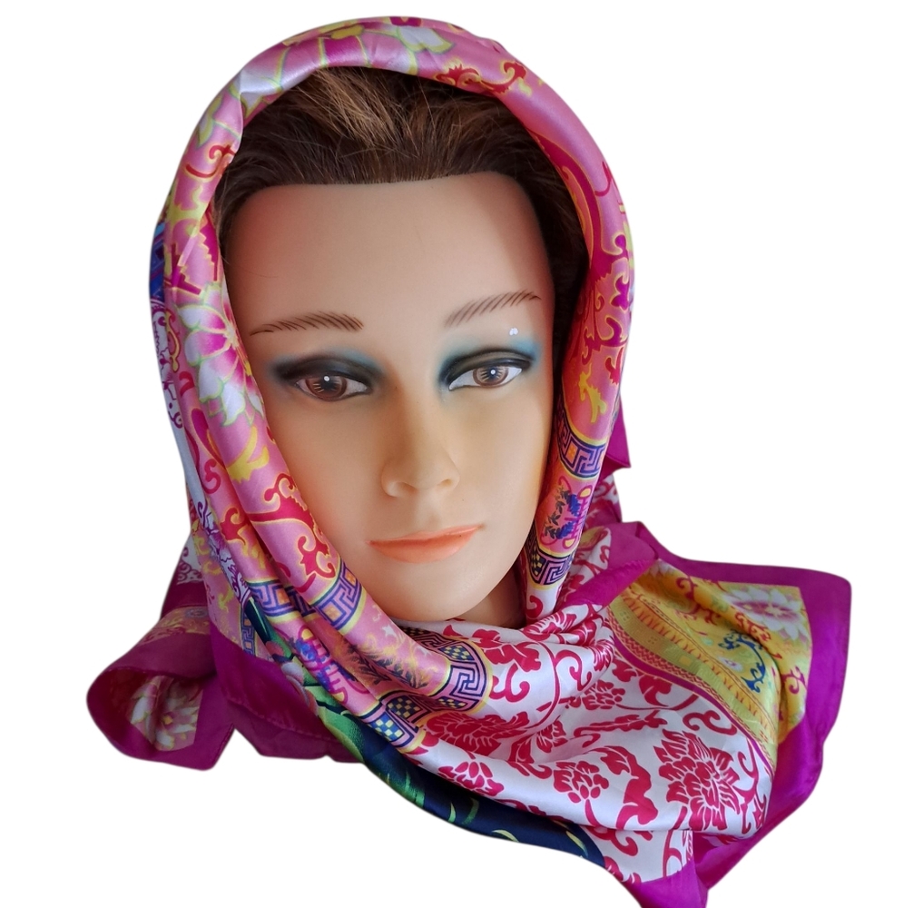 M.O.S.I silky Satiny Pink Square Scarf Mod Coastal Floral Abstract Print 36x36"